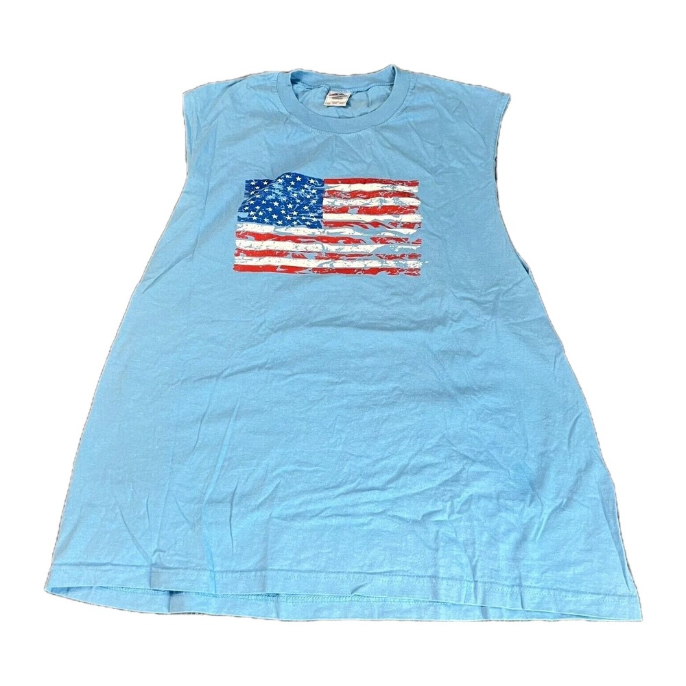 Vintage American Flag Shirt Mens 3XL Sleeveless Light Blue Graphic Print 90s EUC